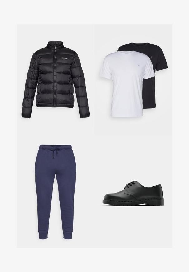 Casaco puffer preto com gola alta, fecho à frente e compartimentos costurados. Apresenta um pequeno logotipo da Calvin Klein no lado esquerdo do peito.; Duas t-shirts de algodão em branco e preto, de mangas curtas e com decote redondo, apresentando um pequeno logo no peito, com textura suave.; Calças de fato de treino azul marinho com um cordão na cintura, pernas ajustadas e punhos canelados. Tecido macio com detalhes de costura mínimos.; Sandalho oxford de couro preto com design de atacador, bico arredondado, sola de borracha plana e detalhe de costura discreto no cabedal.