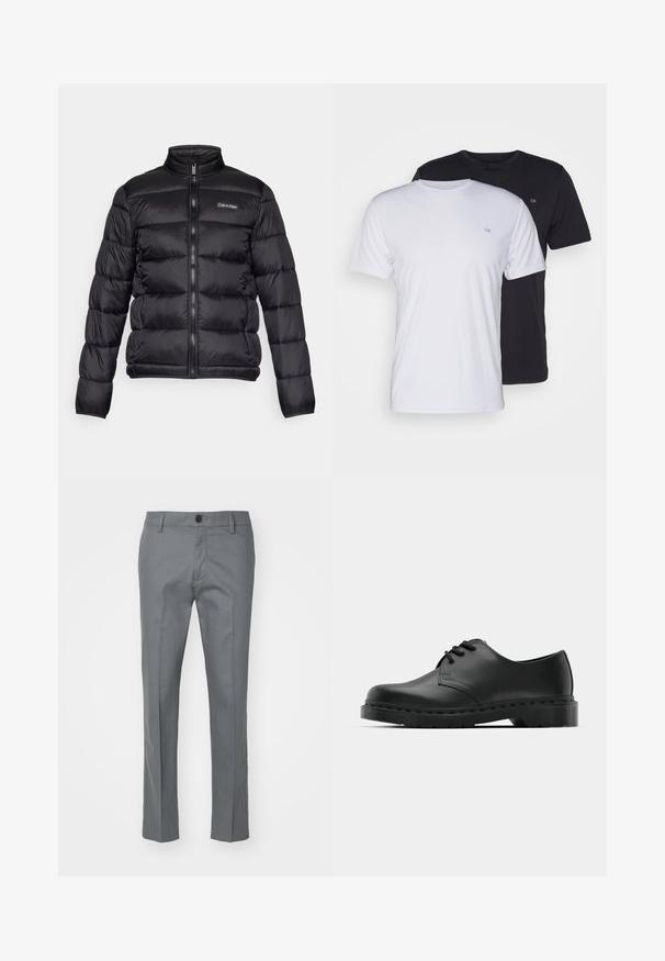 Čierna prešívaná bunda s vysokým golierom, predným zipsom a prešitými priehradkami. Obsahuje malé logo Calvin Klein na ľavej hrudi.; Dvé bavlnené tričká v bielej a čiernej farbe, krátke rukávy s okrúhlym výstrihom, s malým logom na hrudi, hladká textúra.; Sivé nohavice vyrobené z hladkej tkaniny, so strihom rovného nohu, jediným predným gombíkom a decentnými bočnými vreckami pre funkčnosť.; Čierne kožené oxfordky s viazaním, zaoblenou špičkou, plochou gumovou podrážkou a jemným prešívaním pozdĺž hornej časti.