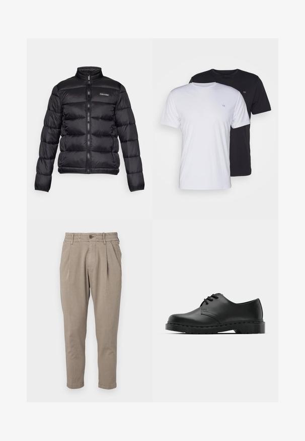 Svart puffjacka med hög krage, dragkedja fram och sydda fack. Har en liten Calvin Klein-logotyp på vänster bröst.; Två bomullströjor i vitt och svart, kortärmad med rund hals, med en liten logotyp på bröstet, slät textur.; Beiga byxor med en texturerad tyg, med en knappstängning och ett elastiskt midjeband. Designade med en avsmalnande ben och framfickor.; Svart lädersko i oxford-stil med snörningsdesign, rund tå, platt gummisula och subtila sömdetaljer längs ovandelen.