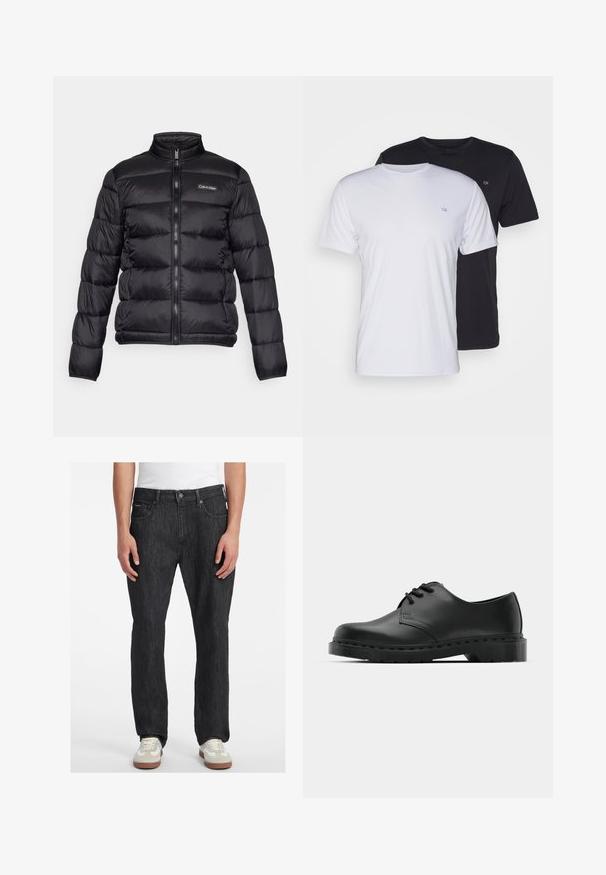 Črna puffer jakna z visokim ovratnikom, zadrgo spredaj in šivanimi predeli. Ima majhen logo Calvin Klein na levem prsnem delu.; Dve bombažne majice v beli in črni barvi, kratke rokave z okroglimi ovratniki, ki imata na prsih majhen logotip, gladka tekstura.; Črne jeans hlače s ravnim krojem, z zapiranjem na gumb spredaj, petimi žepi in diskretnimi šivi. Nosi se z supergami.; Črne usnjene oksford čevlje z vezalkami, zaobljenim prstom, ravnim gumijastim podplatom in diskretnim šivanjem po zgornjem delu.