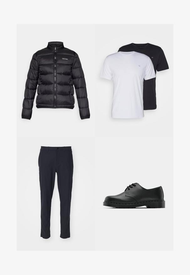 Musta puhvijakku korkean kauluksen, vetskarin etuosan ja ommeltujen lokeroiden kanssa. Vasemmassa rinnassa on pieni Calvin Klein -logo.; Kaksi puuvillan t-paitaa, valkoinen ja musta, lyhythihaiset ja pyöreällä kaula-aukolla, joissa on pieni logo rinnassa, sileä pinta.; Navy siniset räätälöidyt housut, jotka on valmistettu sileästä kankaasta; sisältää napin sulkemisen, vyölenkit ja sivutaskut; slim fit -muotoilu.; Musta nahkainen oxford-kengät, joissa on nauhakiinnitys, pyöreä kärki, litteä kumipohja ja hillitty ompelutaito yläosassa.