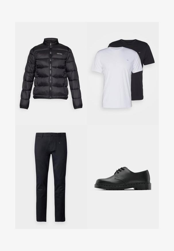 Black puffer jacket with a high collar, zipper front, and stitched compartments. Features a small Calvin Klein logo on the left chest.; Two cotton t-shirts in white and black, short-sleeved with round necks, featuring a small logo on the chest, smooth texture.; Black cotton trousers with a straight-leg design, belt loops, and a button closure. Features subtle stitching details near the waistband.; Black leather oxford shoe with lace-up design, rounded toe, flat rubber sole, and subtle stitching detail along the upper.