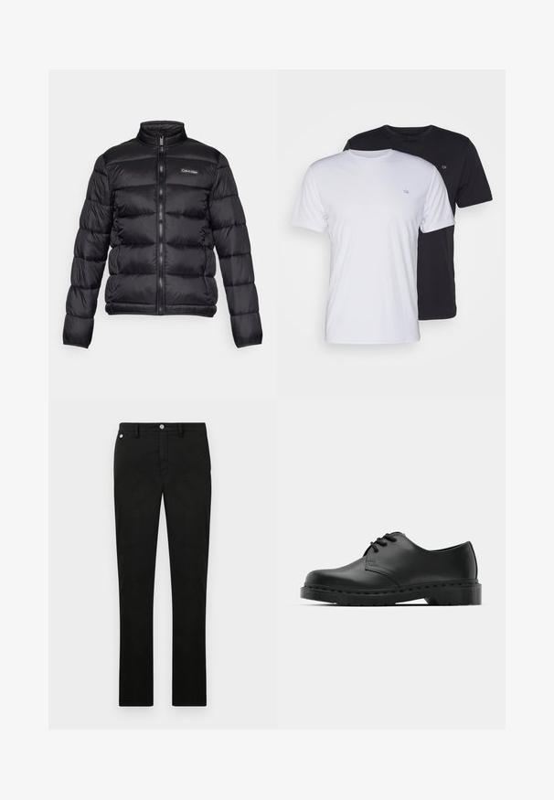 Črna puffer jakna z visokim ovratnikom, zadrgo spredaj in šivanimi predeli. Ima majhen logo Calvin Klein na levem prsnem delu.; Dve bombažne majice v beli in črni barvi, kratke rokave z okroglimi ovratniki, ki imata na prsih majhen logotip, gladka tekstura.; Črne hlače ravnega kroja, narejene iz gladkega materiala, s kovinskim gumbom in passom za pas. Brez opaznih vzorcev ali detajlov.; Črne usnjene oksford čevlje z vezalkami, zaobljenim prstom, ravnim gumijastim podplatom in diskretnim šivanjem po zgornjem delu.