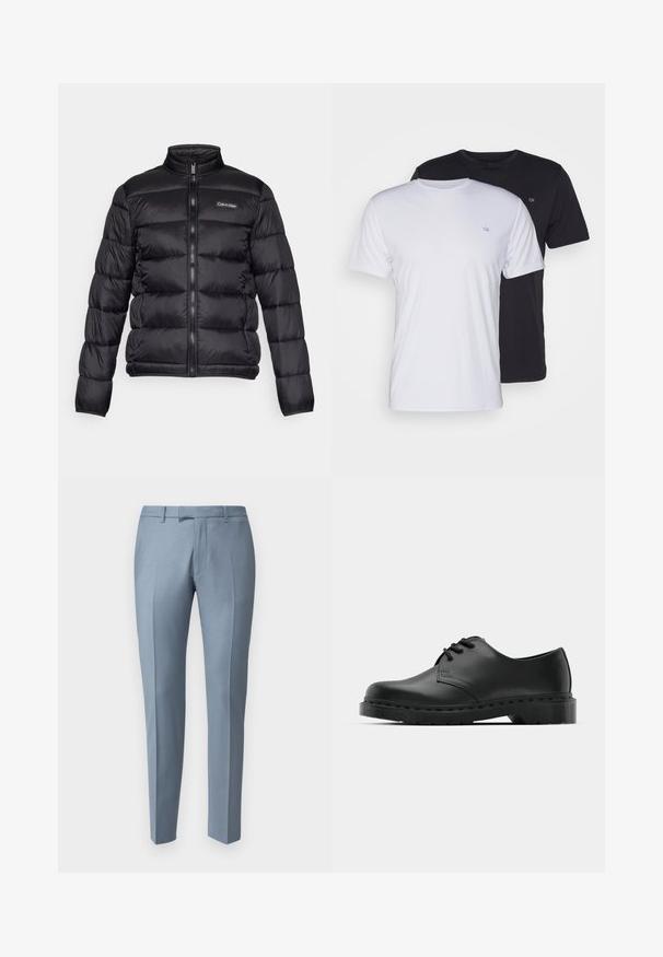 Schwarze Daunenjacke mit hohem Kragen, Reißverschluss auf der Vorderseite und gesteppten Fächern. Auf der linken Brust befindet sich ein kleines Calvin Klein-Logo.; Zwei Baumwoll-T-Shirts in Weiß und Schwarz, kurzärmlig mit Rundhalsausschnitt, mit einem kleinen Logo auf der Brust, glatte Textur.; Helleblaue maßgeschneiderte Hosen aus einem glatten Stoff, mit flachem Vorderteil, geraden Beinen und dezenten Falten.; Schwarze Leder-Oxford-Schuhe mit Schnürdesign, runder Zehenform, flacher Gummisohle und subtilen Nähten entlang des oberen Teils.