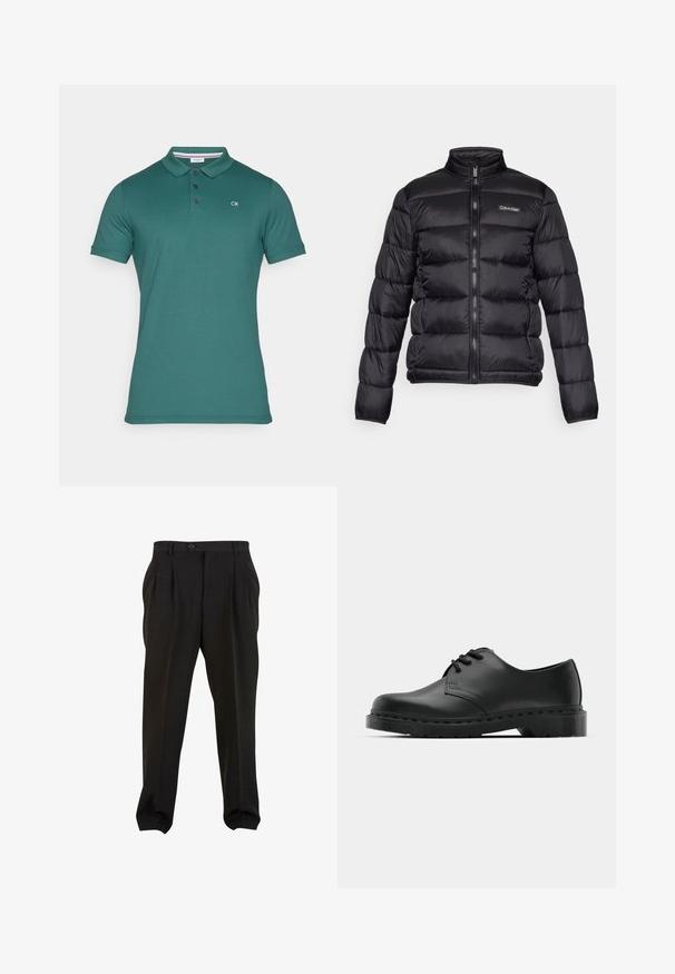 Fekete puffermellény magas gallérral, cipzáros elülső résszel és varrott rekeszekkel. A bal mellen egy kis Calvin Klein logó található.; Zöld pólóing, pamut keverékből készült, klasszikus gallérral, három gombos záródással és Diszkrét CK logóval a bal felső mellkason.; Fekete nadrág sima anyagból, elöl pleátokkal, gombos derékpánttal és keskenyített bokarészekkel. Klasszikus szabásvonal.; Fekete bőr oxford cipő fűzős kialakítással, kerek orral, lapos gumitalppal és finom varrással a felső részen.