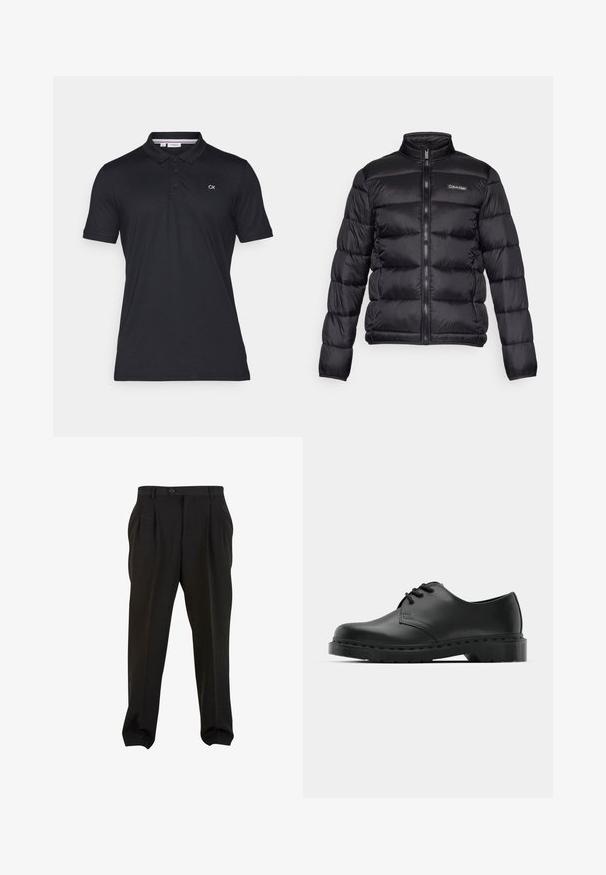 Fekete puffermellény magas gallérral, cipzáros elülső résszel és varrott rekeszekkel. A bal mellen egy kis Calvin Klein logó található.; Fekete pamut pólóing, két gombos nyakkal és rövid ujjakkal. Bal mellkasán a "CK" logó hímzett.; Fekete nadrág sima anyagból, elöl pleátokkal, gombos derékpánttal és keskenyített bokarészekkel. Klasszikus szabásvonal.; Fekete bőr oxford cipő fűzős kialakítással, kerek orral, lapos gumitalppal és finom varrással a felső részen.