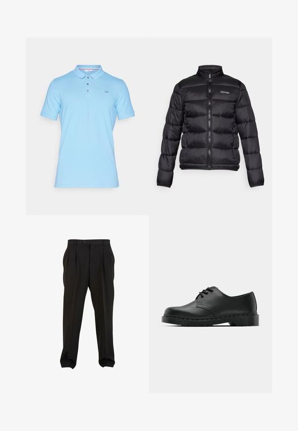 Fekete puffermellény magas gallérral, cipzáros elülső résszel és varrott rekeszekkel. A bal mellen egy kis Calvin Klein logó található.; Világoskék pamut pólóing gallérral, rövid ujjakkal, háromgombos nyakkal és a bal oldalon hímzett CK logóval.; Fekete nadrág sima anyagból, elöl pleátokkal, gombos derékpánttal és keskenyített bokarészekkel. Klasszikus szabásvonal.; Fekete bőr oxford cipő fűzős kialakítással, kerek orral, lapos gumitalppal és finom varrással a felső részen.