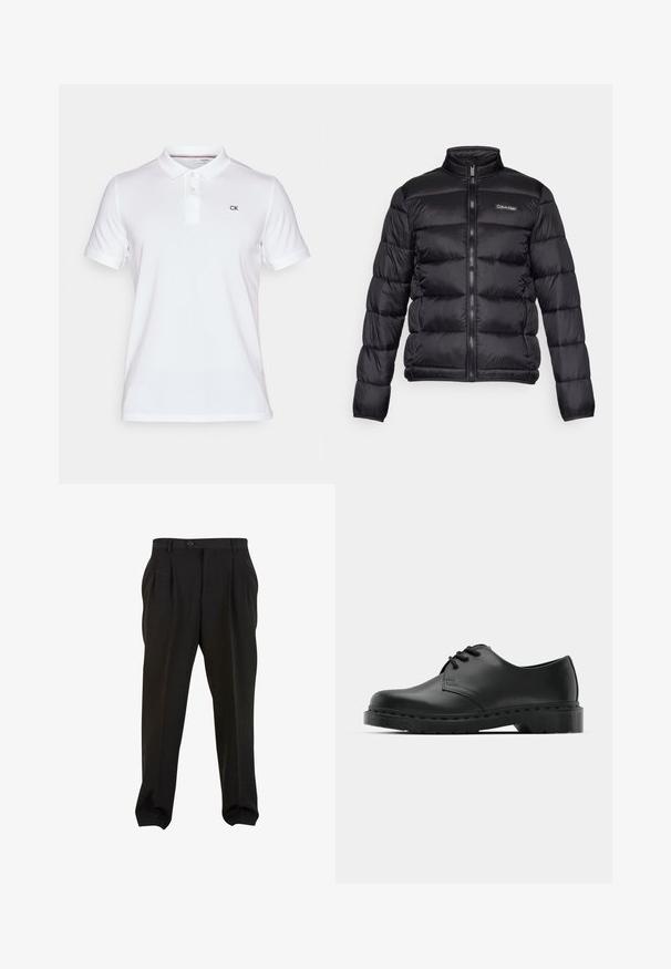 Čierna prešívaná bunda s vysokým golierom, predným zipsom a prešitými priehradkami. Obsahuje malé logo Calvin Klein na ľavej hrudi.; Biela polo košeľa vyrobená z bavlny, s golierom a tromi gombíkmi. Malé čierne logo "CK" sa nachádza na ľavej strane hrudníka.; Čierne nohavice s hladkým materiálom, s prednými skladmi, pásom na gombík a cappami s užším strihom okolo členkov. Klasický strih s presne tvarovaným vzhľadom.; Čierne kožené oxfordky s viazaním, zaoblenou špičkou, plochou gumovou podrážkou a jemným prešívaním pozdĺž hornej časti.