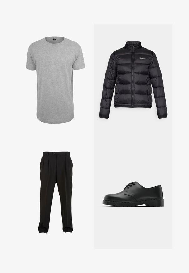 Sort pufferjakke med høj krave, lynlås fortil og sydde rum. Har et lille Calvin Klein-logo på venstre bryst.; Grå bomulds T-shirt med rund hals, korte ærmer, lige kant og en blød tekstur; minimal branding synlig ved halsudskæringen.; Sorte bukser med et glat stof, der har frontfolder, en knap i taljen og tapered ankler. Klassisk skræddersyet silhuet.; Sorte læder oxford-sko med snørebåndsdesign, rund tå, flad gummisål og subtil syning langs overdelen.