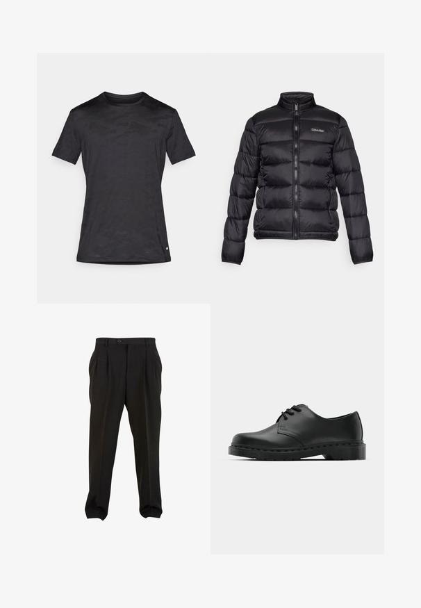 Melnā pūkņu jaka ar augstu apkakli, ar rāvējslēdzēju priekšā un šūtiem nodalījumiem. Iespējams sīkums Calvin Klein logo kreisajā krūtīs.; Melnā īsām piedurknēm T-kreklā, kas izgatavots no gludas auduma, ar diskrētu kamuflāžas rakstu, apaļu kakla izgriezumu un mazu logo akcentu apakšmalā.; Melnas bikses ar gludu audumu, ar priekšējiem krokām, pogājam jostu un sašaurinātiem ikru galiem. Klasiska pielāgota siluets.; Melnas ādas oksfordas kurpes ar auklošanas dizainu, noapaļota purngala, plakana gumijas zole un smalka šuvumu detaļa augšējā daļā.