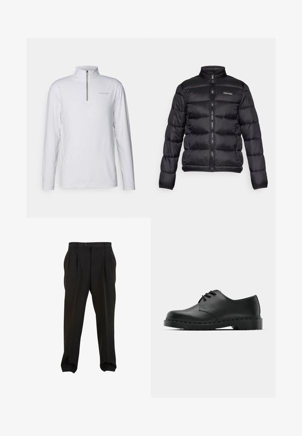 Svart pufferjakke med høy krage, glidelås foran og sydde lommer. Har en liten Calvin Klein-logo på venstre bryst.; Hvit langermet genser med kvart glidelås og høy krage, med en grå Calvin Klein-logo på brystet. Glatt stoffstruktur.; Sorte bukser med et glat stof, der har frontplisseringer, en knap i taljen og tapered ankler. Klassisk skræddersyet silhuet.; Svarte lær oxford-sko med snøring, rund tå, flat gummisåle og diskret sømdetalj langs overflaten.