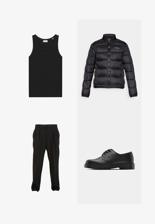 Must mustrakk jope kõrge kraega, tõmblukuga esiküljel ning õmmeldud taskutega. Vasakul rinnal on väike Calvin Kleini logo.; Must have mustal aga varrukateta tank top, mis on valmistatud pehmest kangast. Omab ümmargust kaelaauku ja puhtaid servi ning lihtsat disaini, ilma nähtavate logodeta.; Mustad püksid siledast kangast, esikreppidega, nööbivöökoht ja kitsenevad pahkluud. Klassikaline peenelt lõigatud siluett.; Mustad musta nahast oksfordi king, millel on paeltega disain, ümar nina, lame kummist tallal ja diskreetne õmblemise detail ülemise osa ääres.