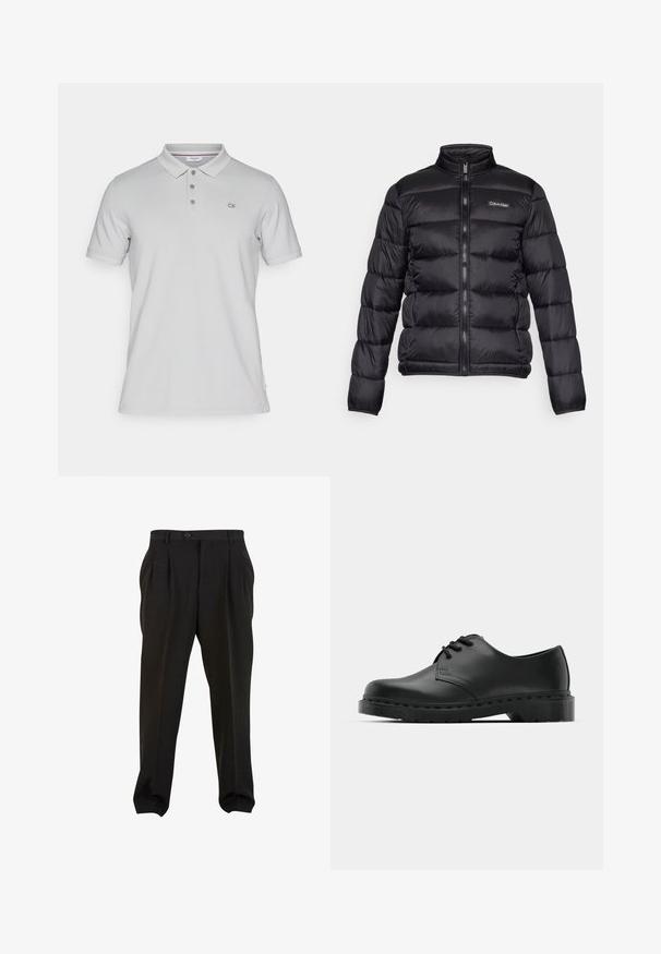 Fekete puffermellény magas gallérral, cipzáros elülső résszel és varrott rekeszekkel. A bal mellen egy kis Calvin Klein logó található.; Fény szürke pólóing, puha pamutból készült, három gombos nyakkivágással, rövid ujjal és egy kisebb CK logóval a bal mellen.; Fekete nadrág sima anyagból, elöl pleátokkal, gombos derékpánttal és keskenyített bokarészekkel. Klasszikus szabásvonal.; Fekete bőr oxford cipő fűzős kialakítással, kerek orral, lapos gumitalppal és finom varrással a felső részen.