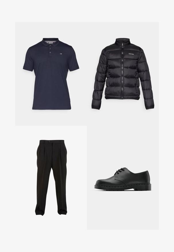Svart pufferjakke med høy krage, glidelås foran og sydde lommer. Har en liten Calvin Klein-logo på venstre bryst.; Marineblå polo skjorte laget av glatt bomull, med klassisk krage, tre-knapp placket og en liten brodert CK-logo.; Sorte bukser med et glat stof, der har frontplisseringer, en knap i taljen og tapered ankler. Klassisk skræddersyet silhuet.; Svarte lær oxford-sko med snøring, rund tå, flat gummisåle og diskret sømdetalj langs overflaten.
