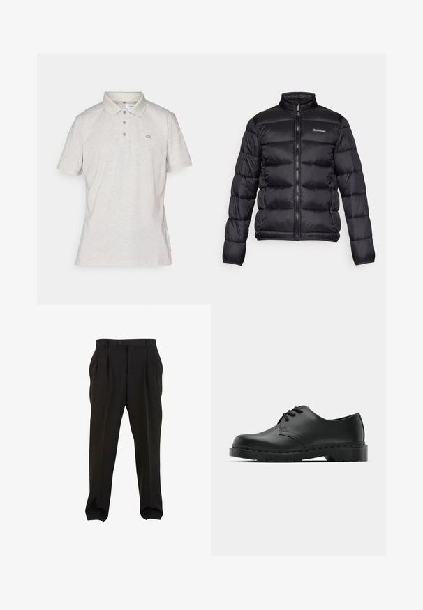 Fekete puffermellény magas gallérral, cipzáros elülső résszel és varrott rekeszekkel. A bal mellen egy kis Calvin Klein logó található.; Világosszürke polo póló, pamut keverékből, rövid ujjú, galléros, három gombos gombolással, CK logó hímzéssel a mellkason, sima felülettel.; Fekete nadrág sima anyagból, elöl pleátokkal, gombos derékpánttal és keskenyített bokarészekkel. Klasszikus szabásvonal.; Fekete bőr oxford cipő fűzős kialakítással, kerek orral, lapos gumitalppal és finom varrással a felső részen.