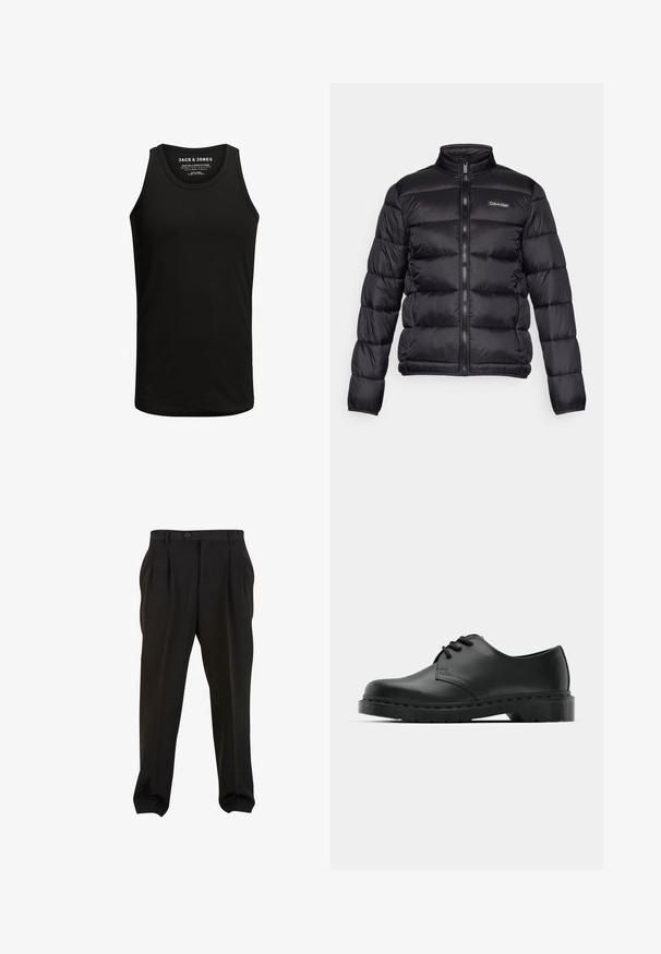 Chaqueta de plumón negra con cuello alto, cierre delantero y compartimentos cosidos. Presenta un pequeño logo de Calvin Klein en el lado izquierdo del pecho.; Camiseta sin mangas negra hecha de una mezcla de algodón, con un diseño de cuello redondo clásico. Textura lisa sin patrones ni acentos.; Pantalones negros de tejido suave, con pliegues frontales, cinturilla con botón y puños en los tobillos ajustados. Silueta clásica y ajustada.; Zapato oxford de cuero negro con diseño de cordones, punta redonda, suela de goma plana y un sutil detalle de costura en la parte superior.