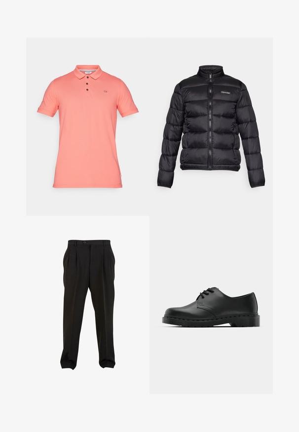 Must mustrakk jope kõrge kraega, tõmblukuga esiküljel ning õmmeldud taskutega. Vasakul rinnal on väike Calvin Kleini logo.; Korallivärvi polo särk, mis on valmistatud puuvillast, klassikalise kraega, kolme nupuga sääretasku ja CK logo tikitud rinnale. Lühikesed varrukad.; Mustad püksid siledast kangast, esikreppidega, nööbivöökoht ja kitsenevad pahkluud. Klassikaline peenelt lõigatud siluett.; Mustad musta nahast oksfordi king, millel on paeltega disain, ümar nina, lame kummist tallal ja diskreetne õmblemise detail ülemise osa ääres.