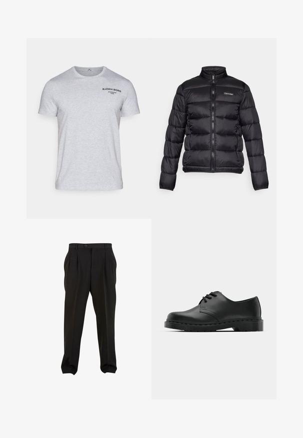 Czarna kurtka puchowa z wysokim kołnierzem, zamek z przodu oraz przeszytymi kieszeniami. Posiada małe logo Calvin Klein na lewej piersi.; Jasnoszara bawełniana koszulka z krótkimi rękawami i okrągłym dekoltem. Czarny logo nadrukowane w górnej lewej części klatki piersiowej.; Czarne spodnie z gładkiego materiału, z kieszeniami z przodu, zapinane na guzik w pasie i zwężanymi mankietami przy kostkach. Klasyczny sylwetka w stylu szytym na miarę.; Czarne skórzane półbuty oxford z zapięciem na sznurowadła, zaokrąglonym noskiem, płaską gumową podeszwą oraz subtelnym przeszyciem na cholewce.