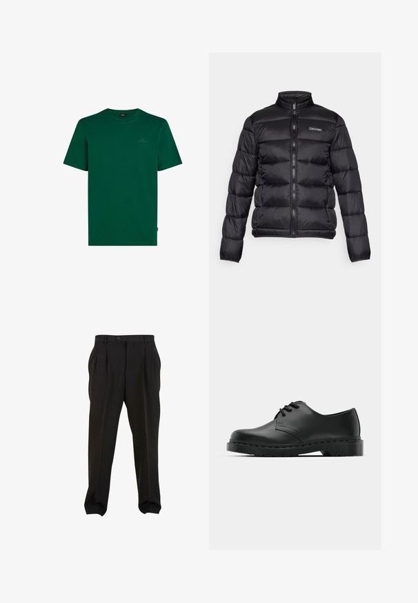 Zwarte pufferjack met een hoge kraag, ritssluiting aan de voorkant en gestikte compartimenten. Heeft een klein Calvin Klein-logo op de linkerborst.; Groene katoenen t-shirt met korte mouwen. Heeft een ronde hals en een klein logo op de borst. Soepele textuur, casual ontwerp.; Zwarte broek van gladde stof, met voorplooien, een knopenband en taps toelopende enkelboorden. Klassieke taillering.; Zwarte leren oxford schoenen met vetersluiting, ronde neus, platte rubberen zool en subtiele stiksel details langs het bovenwerk.