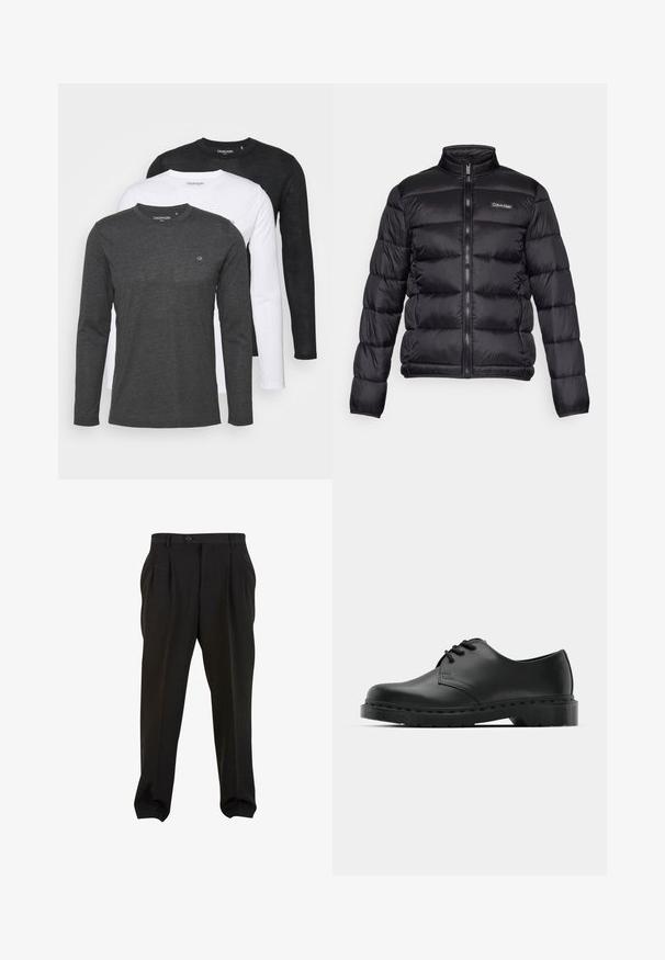 Svart pufferjakke med høy krage, glidelås foran og sydde lommer. Har en liten Calvin Klein-logo på venstre bryst.; Sett med tre langermede t-skjorter: en grå, en hvit og en svart. Hver av dem har rund hals og en liten logo på brystet.; Sorte bukser med et glat stof, der har frontplisseringer, en knap i taljen og tapered ankler. Klassisk skræddersyet silhuet.; Svarte lær oxford-sko med snøring, rund tå, flat gummisåle og diskret sømdetalj langs overflaten.