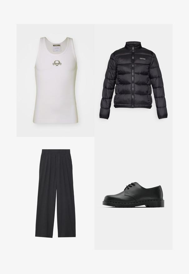 Melnā pūkņu jaka ar augstu apkakli, ar rāvējslēdzēju priekšā un šūtiem nodalījumiem. Iespējams sīkums Calvin Klein logo kreisajā krūtīs.; Balts ribots topiņš ar zelta izšūtu logo un dekoratīviem akcentiem, apaļu dekoltē un bez piedurknēm.; Platas piegriezuma bikses no tumši pelēka auduma. Iezīmes - izgriezumi jostasvietā, veidota forma un taisna silueta.; Melnas ādas oksfordas kurpes ar auklošanas dizainu, noapaļota purngala, plakana gumijas zole un smalka šuvumu detaļa augšējā daļā.