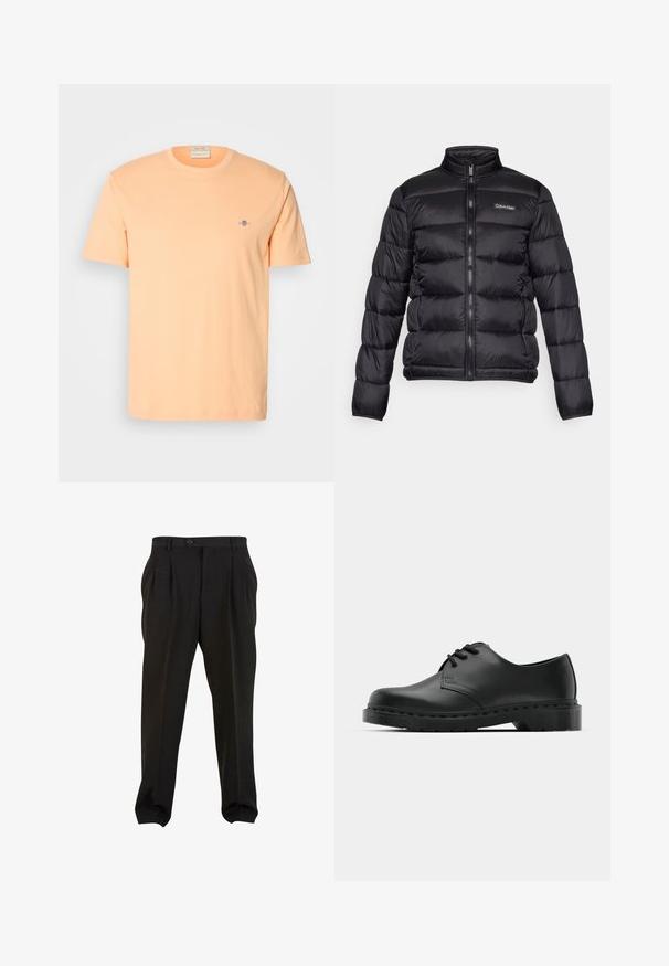 Juodas pūkinis švarkas su aukštu apykakle, užtrauktuku priekyje ir siuvinėtomis kišenėmis. Ant kairiojo krūtinės puikuojasi mažas Calvin Klein logotipas.; Trumpas rankovėmis marškinėliai šviesiai persiko spalvos medvilnės, su mažu mėlynu logotipu ant krūtinės. Apskrito iškirpimo, su lygia tekstūra.; Juodos kelnės su lygiu audiniu, turinčios priekines klostes, mygtukų juosmenį ir siaurėjančius kulkšnies audinius. Klasikinis pritaikytas siluetas.; Juodos odinės oksfordo bateliai su raištelių užsegimu, apvaliu pirštu, plokščiu guminiu padu ir subtiliu siuvimo akcentu viršuje.