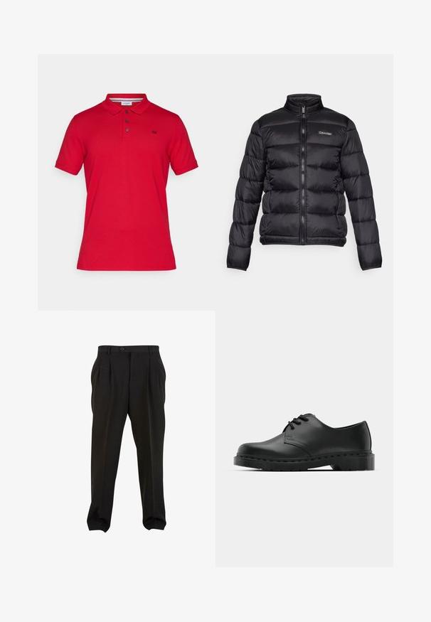 Černá péřová bunda s vysokým límcem, zipem vpředu a prošitými kapsami. Obsahuje malé logo Calvin Klein na levé části hrudi.; Červená bavlněná polo košile s límečkem, třemi knoflíčky, krátkými rukávy a malým vyšitým logem na levé hrudi.; Černé kalhoty z hladké tkaniny, se zapínáním na tlačítko v pase, předními sklady a zúženými manžetami u kotníků. Klasický elegantní střih.; Černé kožené oxfordy s šněrováním, zakulacenou špičkou, plochou gumovou podrážkou a jemným prošíváním podél svršku.