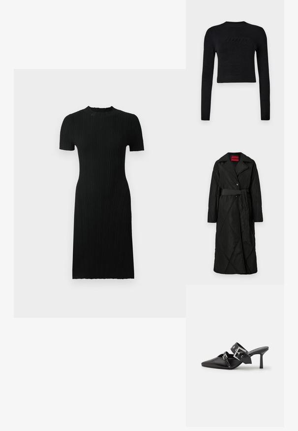 Pikk must tikitud mantel laia krae, kahe nööbi ja sobiva vöödiga, mis on kinni seotud vööl, HUGO sildiga krae sees.; Must have mustar hihaga ja pahemise õlapaeltega pime pikkade varrukatega lõigatud sviiter, millel on rinna peal diskreetne kõrgendatud logo.; Mustmustriibuline kleit lühikeste varrukatega, ümar kaelus, keha paiknev siluett ja põlvekõrgus. Valmistatud tekstuuriga kangast, millel on vertikaalsed jooned.; Mustad mustad kõrged kontsad, terava toe ja siledast nahast. Omab laia pahkluu rihma ruudukujulise hõbedase klambri ja nurgakujuliste naeltega.