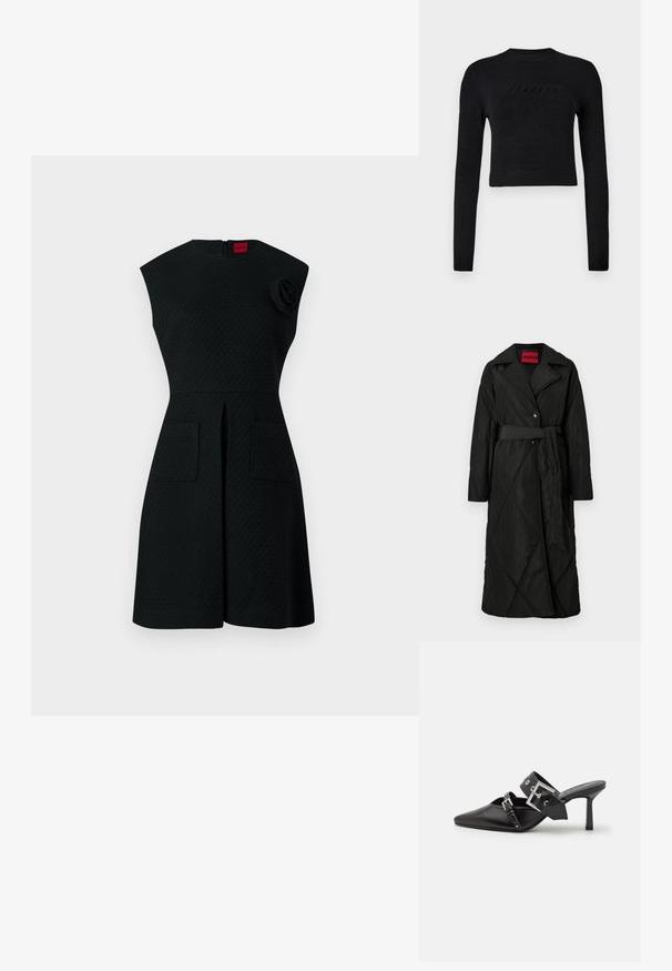 Dlhý čierny prešívaný kabát so širokým golierom, dvoma gombíkmi a zodpovedajúcim pásikom zviazaným v páse, označený HUGO vo vnútri goliera.; Čierny krátky sveter s dlhým rukávom, so zúženými manžetami a lemom, ktorý má jemné zvýšené logo na hrudi.; Čierne šaty s textúrovaným vzorom, s krátkymi rukávmi, dvoma prednými vreckami a kvetinovým akcentom na ramene. Zapínanie na zips na chrbte.; Čierne vysoké podpätky mule so špicatou špičkou, vyrobené z hladkej kože. Obsahujú široký členkový remienok so štvrcovým strieborným sponom a cvokmi.