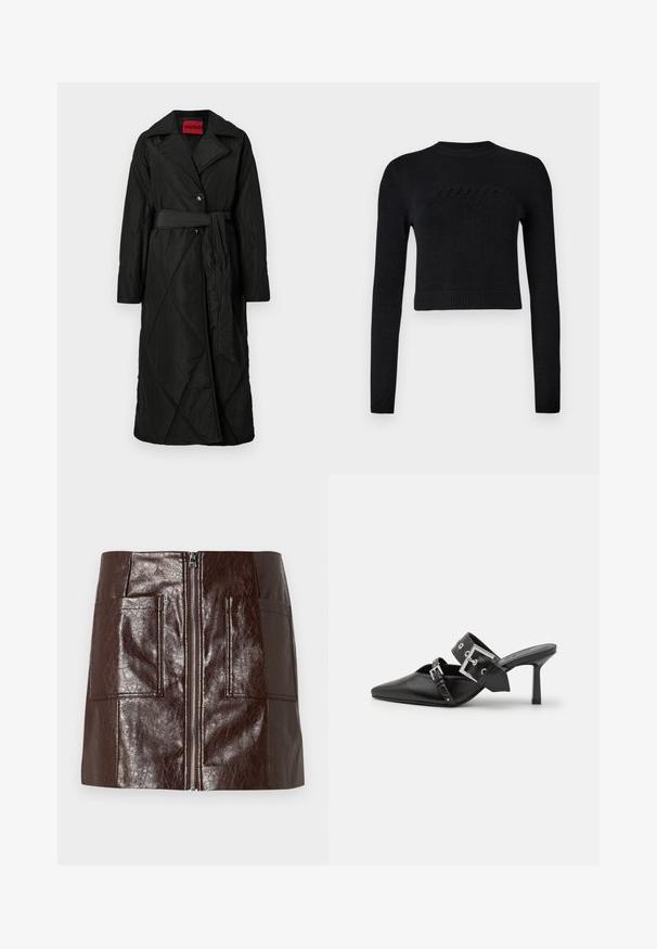 Manteau long noir matelassé avec large col, deux boutons et ceinture assortie nouée à la taille, étiqueté HUGO à l'intérieur du col.; Pull cropped noir à manches longues avec des poignets et un ourlet côtelés, comportant un logo en relief subtil sur la poitrine.; Mini-jupe en simili cuir marron avec une fermeture éclair à l'avant, deux grandes poches avant et une texture lisse et brillante.; Mules noires à talons hauts avec un bout pointu, en cuir lisse. Dotées d'une large sangle à la cheville avec une boucle carrée en argent et des clous.