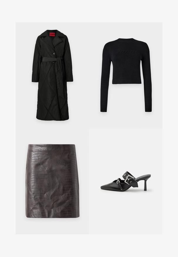 Langer schwarzer gesteppter Mantel mit weiter Kragen, zwei Knöpfen und passendem Gürtel, der in der Taille gebunden ist, mit dem Etikett HUGO im Kragen.; Schwarzer, langärmeliger, cropped Pullover mit gerippten Bündchen und Saum, der ein dezentes, erhabenes Logo auf der Brust zeigt.; Krokodil-embossierte kurze Rock in Dunkelbraun, mit einer glatten Textur und einer taillierten Silhouette, die am Saum leicht ausgestellt ist.; Schwarze High-Heel-Mules mit spitzem Zeh aus glattem Leder. Mit einem breiten Knöchelriemen, der eine quadratische silberne Schnalle und Nieten aufweist.