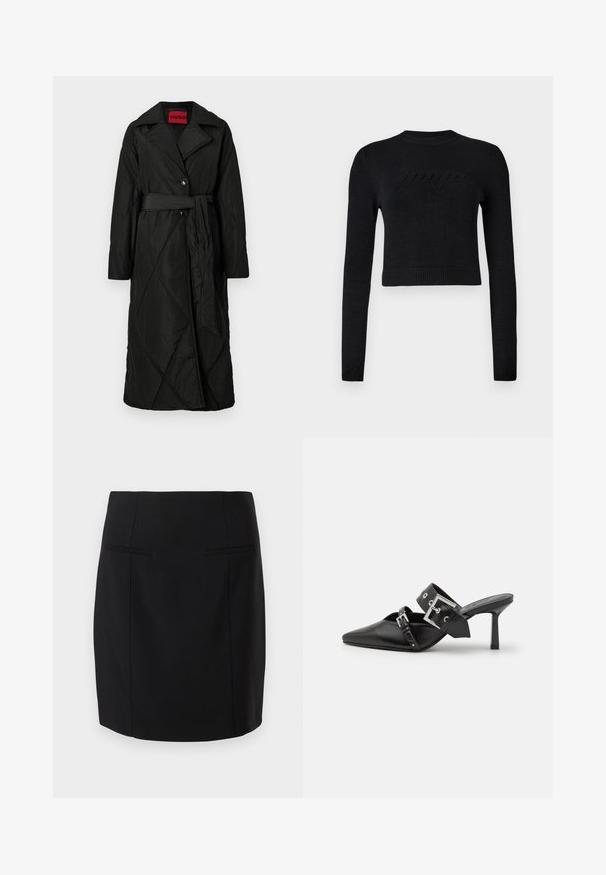 Lange zwarte gewatteerde jas met brede kraag, twee knopen en bijpassende riem die op de taille is gestrikt, met een HUGO-label in de kraag.; Zwarte langwerpige cropped sweater met ribgebreide manchetten en zoom, voorzien van een subtiel verhoogd logo op de borst.; Zwarte kokerrok van gladde stof, met een aansluitend ontwerp, twee voorzakken en een lengte tot de knie.; Zwarte hoge hakken mules met een puntige neus, gemaakt van soepel leer. Heeft een brede enkelriem met een vierkante zilveren gesp en studs.