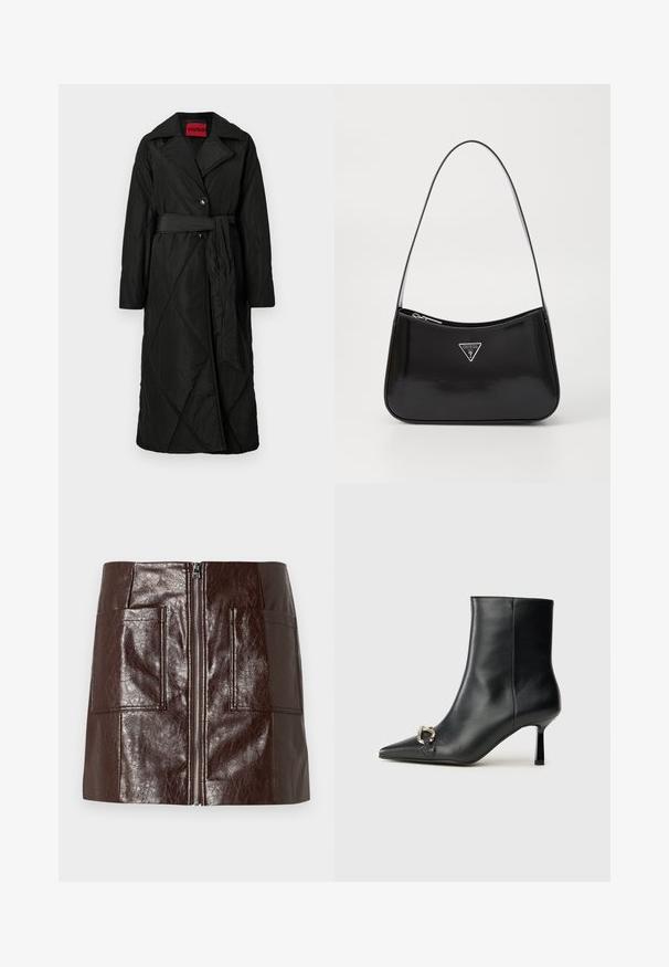 Lang sort quiltet frakke med bred krave, to knapper og matchende bælte bundet om taljen, mærket HUGO inde i kraven.; Sort langærmet cropped sweater med ribbenede manchetter og kant, der har et diskret hævet logo på brystet.; Brun faux læder mini-skjørt med en frontlynlås, to store forlommer og en glat, blank overflade.; Sort læder ankelstøvle med spidse tæer, slank hæl i mellemhøjde og sølvspænde detaljer på siden mod en ensfarvet baggrund.; Sort patenteret læder skuldertaske med en buet form, prydet med et sølvfarvet trekantet logo og en lynlås-lukning. Glat tekstur og slank rem.