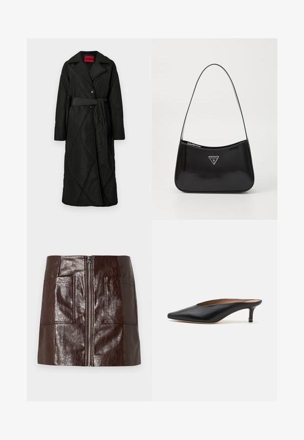 Langer schwarzer gesteppter Mantel mit weiter Kragen, zwei Knöpfen und passendem Gürtel, der in der Taille gebunden ist, mit dem Etikett HUGO im Kragen.; Schwarzer, langärmeliger, cropped Pullover mit gerippten Bündchen und Saum, der ein dezentes, erhabenes Logo auf der Brust zeigt.; Brauner Kunstleder-Minirock mit einem Reißverschluss vorne, zwei großen Fronttaschen und einer glatten, glänzenden Textur.; Schwarze Leder-Mules mit spitzem Zehenbereich und niedrigem Blockabsatz. Glatte Textur mit elegantem Design. Offene Rückseite mit minimaler Gestaltung.; Schwarze patentierte Leder-Schultertasche mit geschwungener Form, ausgestattet mit einem silbernen Dreieckslogo und einem Reißverschluss. Glatte Textur und schmaler Riemen.