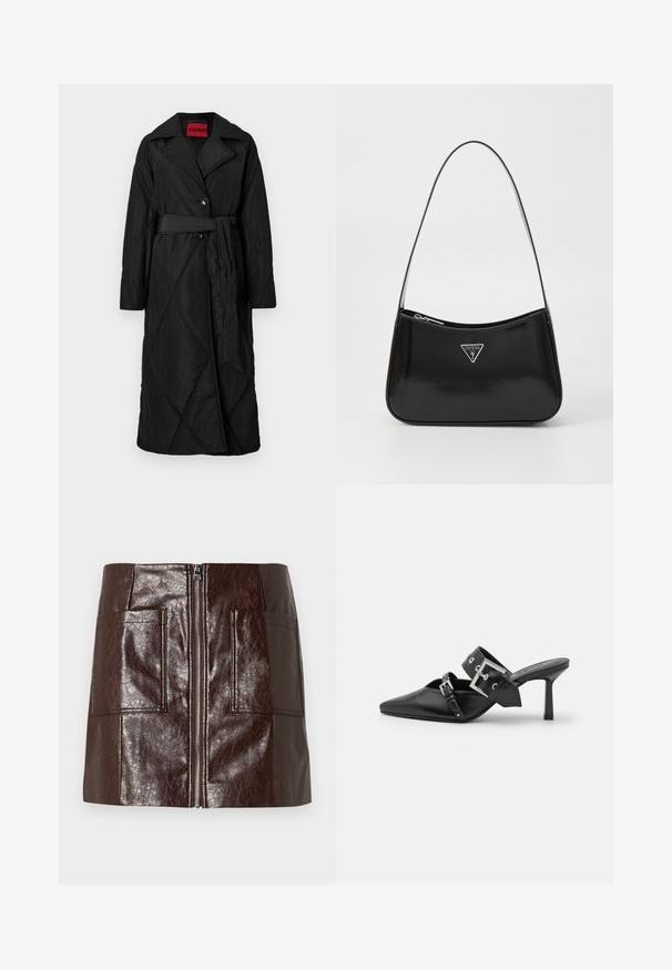 Dolgi črni prešiti plašč z širokim ovratnikom, dvema gumboma in usklajenim pasom, vezanim okoli pasu, s oznako HUGO znotraj ovratnika.; Črn dolg rokav skrajšan pulover z rebrastimi manšetami in robom, ki ima diskretno dvignjen logotip čez prsa.; Rjava mini krila iz umetnega usnja s sprednjim zadrgo, dvema velikima sprednjima žepoma in gladko, sijočo teksturo.; Črne visoke mule s koničastim prstom, izdelane iz gladkega usnja. Imajo širok gleženjski trak s kvadratno srebrno zaponko in okraski.; Črna patentirana usnjena torba za ramo s krožno obliko, opremljena s srebrnim trikotnim logotipom in zadrgo. Gladka tekstura in ozka naramnica.