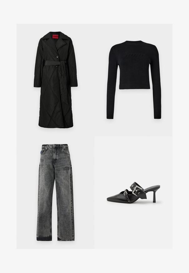 Ilgai juodas siuvinėtas paltas su plačia apykakle, dviem mygtukais ir atitinkančiu diržu, užrištu ties liemeniu, pažymėtas HUGO vidinėje apykaklėje.; Juodas ilgas rankovėmis trumpas megztinis su raukšlėtais rankogaliais ir apatine dalimi, su subtiliu iškilusiu logotipu per krūtinę.; Plati juodos džinsinės kelnės su išblukusiu skalbimu, su pažeistais detalėmis priekyje ir standartiniu penkių kišenių dizainu.; Juodos aukštakulnės mule bateliai su smailiu pirštu, pagaminti iš lygaus odos. Turi platų kulkšnies dirželį su kvadratiniu sidabro sagtimi ir skulptūromis.