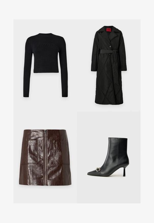 Long black quilted coat with wide collar, two buttons, and matching belt tied at the waist, labeled HUGO inside collar.; Black long-sleeve cropped sweater with ribbed cuffs and hem, featuring a subtle raised logo across the chest.; Brown faux leather mini skirt featuring a front zipper, two large front pockets, and a smooth, glossy texture.; Black leather ankle boot with pointed toe, slim mid-height heel, and silver buckle detail on side against plain background.