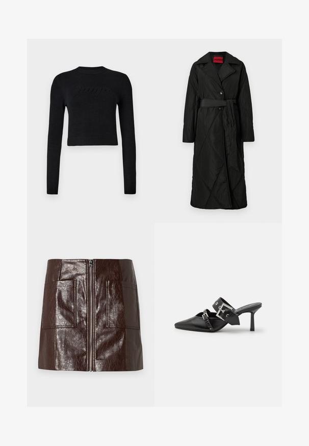 Lange zwarte gewatteerde jas met brede kraag, twee knopen en bijpassende riem die op de taille is gestrikt, met een HUGO-label in de kraag.; Zwarte langwerpige cropped sweater met ribgebreide manchetten en zoom, voorzien van een subtiel verhoogd logo op de borst.; Korte rok van bruin faux leer met een rits aan de voorkant, twee grote voorzakken en een gladde, glanzende textuur.; Zwarte hoge hakken mules met een puntige neus, gemaakt van soepel leer. Heeft een brede enkelriem met een vierkante zilveren gesp en studs.