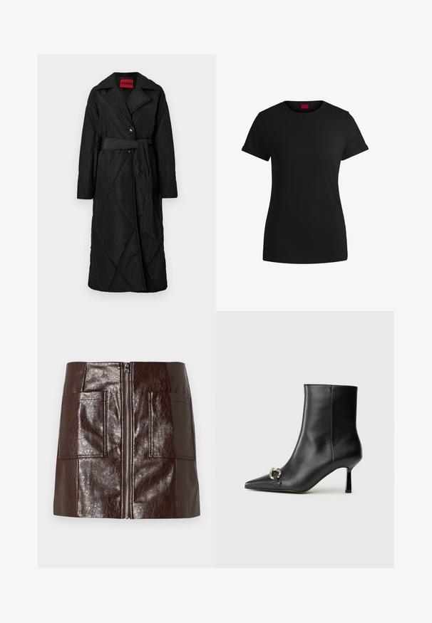 Lang sort quiltet frakke med bred krave, to knapper og matchende bælte bundet om taljen, mærket HUGO inde i kraven.; Sort bomulds T-shirt med korte opklappede ærmer, rund halsudskæring og et rødt mærke. Glat tekstur, tætsiddende form med minimal detaljer.; Brun faux læder mini-skjørt med en frontlynlås, to store forlommer og en glat, blank overflade.; Sort læder ankelstøvle med spidse tæer, slank hæl i mellemhøjde og sølvspænde detaljer på siden mod en ensfarvet baggrund.