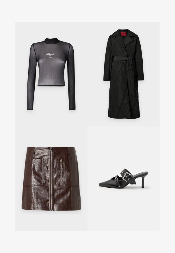 Pikk must tikitud mantel laia krae, kahe nööbi ja sobiva vöödiga, mis on kinni seotud vööl, HUGO sildiga krae sees.; Must musta pikkade varrukatega lühike top, mis on valmistatud läbipaistvast materjalist, kõrge kaelusega ja mille esiküljel on tikandtekst "Aitäh, OK, Nägemist".; Pruun sünteetilisest nahast mini seelik, millel on ees lõhik, kaks suurt esikot ja sile, läikiv tekstuur.; Mustad mustad kõrged kontsad, terava toe ja siledast nahast. Omab laia pahkluu rihma ruudukujulise hõbedase klambri ja nurgakujuliste naeltega.
