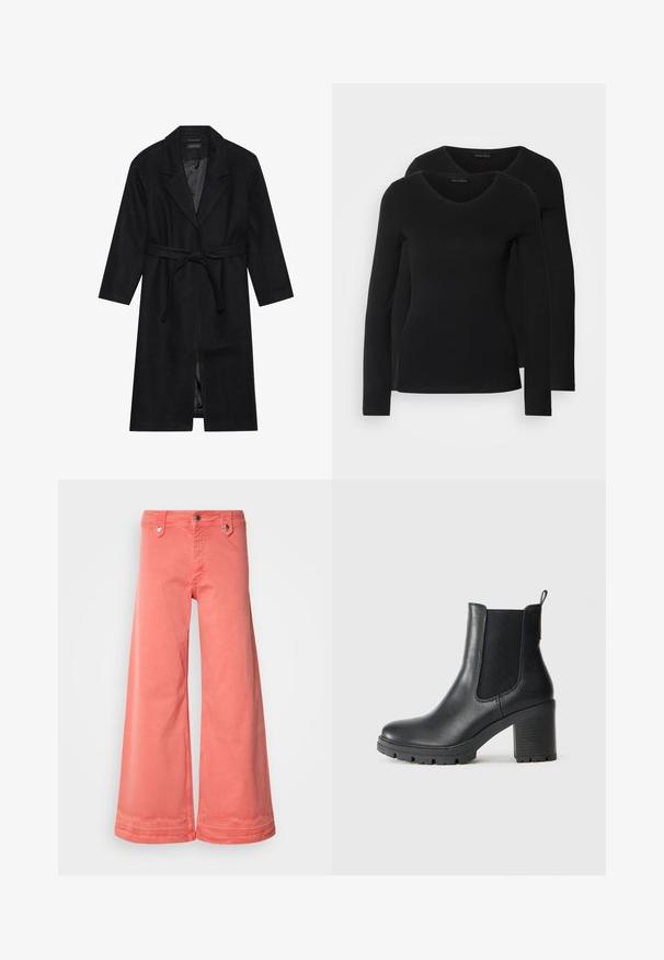 Čierny vlnený kabát s klopovým golierom, dlhými rukávmi a viazaným pásom. Má rovný strih a hladkú podšívku.; Dvoje čiernych košieľ s dlhým rukávom a výstrihom do V, vyrobených z mäkkej a elastickej látky, s jemnou textúrou a priliehavým strihom.; Korálové široké nohavice vyrobené z bavlny s piatimi vreckami, kovovým hardvérom a čistým dokončením na leme. Majú klasické zapínanie na gombík a zips.; Čierna kožená kotníková obuv s elastickými bočnými panelmi, robustná guma podrážka a vysoký blokový podpätok. Obsahuje pútko na zadnej strane.