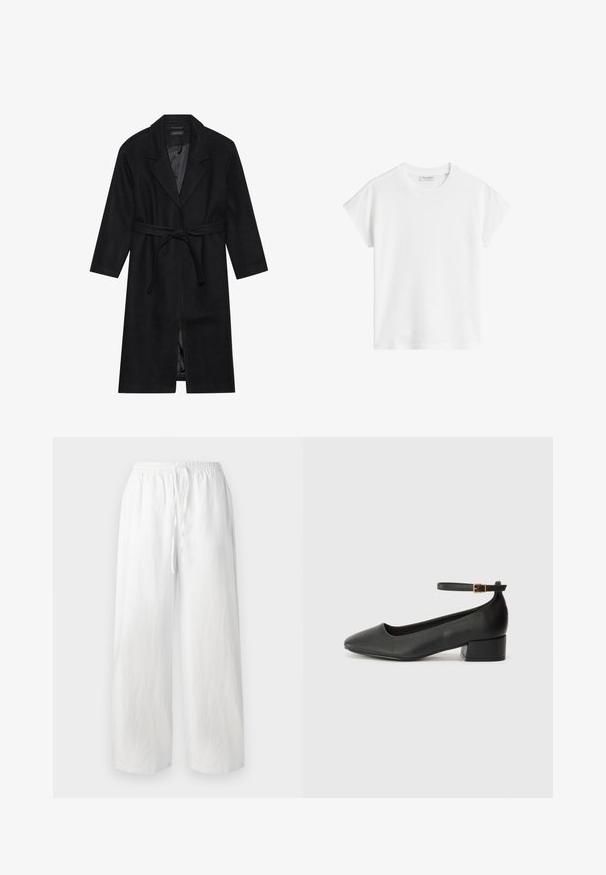 Black wool coat with a notched collar, long sleeves, and a tied waist belt. Features a straight fit and a smooth inner lining.; White short-sleeve t-shirt made of cotton. Features a relaxed fit with a crew neckline and slightly dropped shoulder seams. No patterns or accents.; White wide-leg trousers with an elastic waistband and drawstring. Made of lightweight fabric with a smooth texture. No patterns or accents.; Black leather pump with a pointed toe and a low block heel. Features an ankle strap with a gold-tone buckle. Smooth texture.