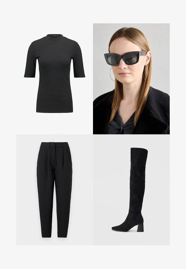 Svart ullrock med slagkrage, långa ärmar och ett knytbälte i midjan. Har en rak passform och en slät innerfoder.; Svart ribbad t-shirt med hög halsringning och korta ärmar. Slät, åtsittande design utan mönster eller synliga detaljer.; Svarta byxor med rak passform, med veck fram, en slät textur och sidofickor. Midjan har standardhöjd.; Svarta mocka knähöga stövlar med klack, spetsig tå och slät, sömlös design mot en ljus, enfärgad bakgrund.; Svarta katterformade solglasögon med mörka linser, tjocka bågar och subtila detaljer. Bärs tillsammans med en svart kappa och en grå topp, med långt rakt hår.