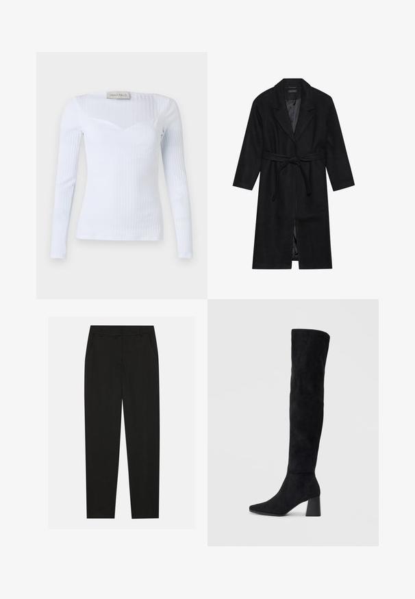 Černý vlněný kabát s klopovým límcem, dlouhými rukávy a zavazovacími pásky v pase. Má rovný střih a hladkou podšívku.; Dlouhý rukáv bílá žebrovaná košile se čtvercovým výstřihem, vyrobená z elastického materiálu, s jemnou texturou a přiléhavým střihem.; Černé kalhoty s vytvarovaným střihem, které mají boční kapsy a rovné nohavice. Vyrobené z hladkého, lehkého materiálu s elegantním povrchem.; Černé semišové vysoké boty s blokovým podpatkem, špičatou špičkou a hladkým, bezšvovým designem na jednoduchém světlém pozadí.