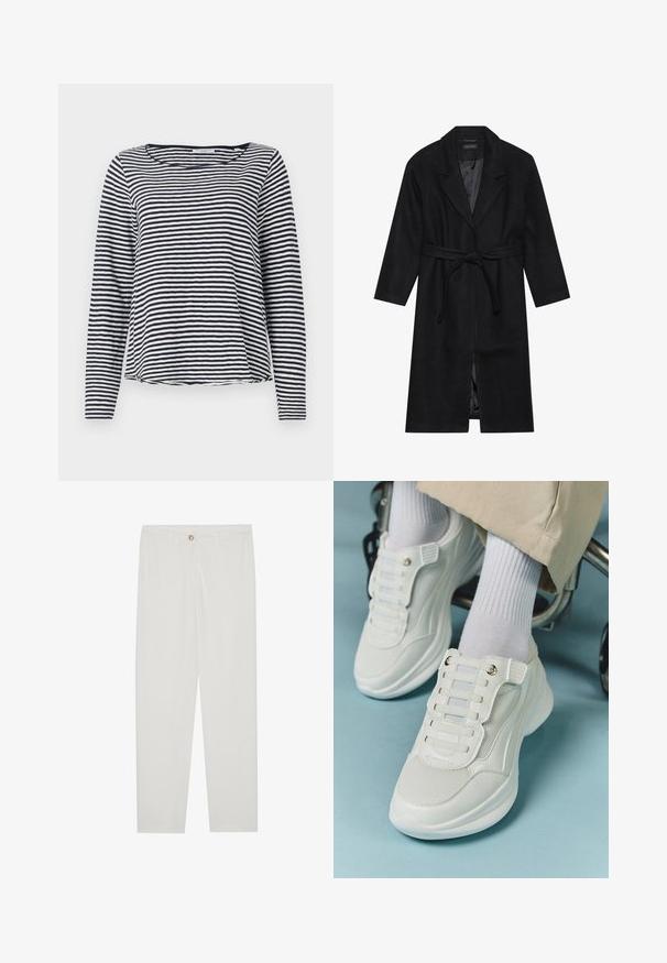 Černý vlněný kabát s klopovým límcem, dlouhými rukávy a zavazovacími pásky v pase. Má rovný střih a hladkou podšívku.; Dlouhý rukáv vrchní díl v námořnické modré a bílé pruhy, s kulatým výstřihem a uvolněným střihem. Vyrobeno z lehké, strukturované látky.; Bílé kalhoty na míru s rovnými nohavicemi, se zapínáním na knoflík, poutky na opasek a bočními kapsami; hladká struktura látky.; Bílé tenisky s materiálem z mešové tkaniny, gumovou podrážkou, bezšňůrovým designem s elastickými pásky a zlatými akcenty.