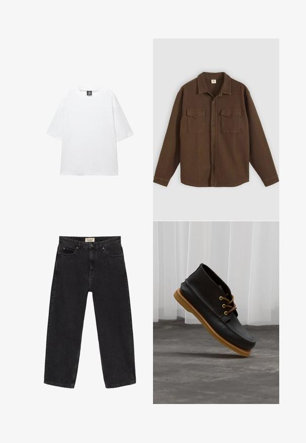 Bruin overhemd met knopen, gemaakt van een getextureerde stof, met een kraag, twee borstzakken en een rechte zoom. Opvallend visgraatpatroon.; Witte oversized t-shirt met korte mouwen, ronde hals en zachte katoenen stof. Heeft een zwart label bij de hals. Geen patronen of accenten.; Zwarte spijkerbroek van denim met een relaxte pasvorm. Beschikt over vijf zakken, een knoopsluiting aan de voorkant en stikdetails. Licht vervaagde textuur.; Zwarte leren schoenen met een gladde afwerking, ronde neus, bruine veters en lichtbruine rubberen zolen. Logo gegraveerd aan de zijkant.