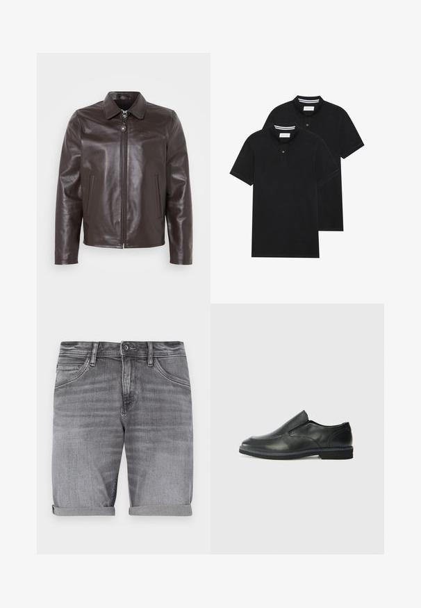 Braune Lederjacke mit umschlagbarem Kragen, Frontzipper und Seitentaschen. Glatte Textur mit dezentem Branding auf der Brust.; Zwei schwarze Polohemden, kurzärmlig, aus Baumwolle, mit einem klassischen Kragen, zwei Knöpfen und weißen Streifenakzenten im Inneren des Kragens.; Graue Jeansshorts mit einem leicht verwaschenen Finish, umgeschlagenen Säumen, Fünf-Taschen-Design und einem Metallknopfverschluss an der Taille.; Schwarze Leder-Slipper mit glattem Obermaterial, gesteppten Akzenten, runder Zehenpartie und niedrigem Gummiabsatz. Die Sohle hat ein minimales Profil.