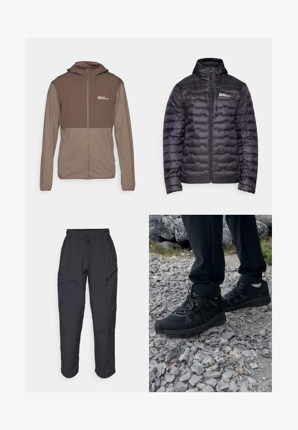 Giubbotto piumino nero con colletto alto, dotato di zip frontale a tutta lunghezza e design trapuntato. Logo ricamato sul lato sinistro del petto. Texture liscia.; Giacca marrone con zip e cappuccio, caratterizzata da pannelli di colore contrastante, texture liscia e un piccolo logo sul petto.; T-shirt nera realizzata in tessuto leggero, con scollatura rotonda, maniche corte e un piccolo logo del brand sulla parte superiore sinistra.; Pantaloni cargo neri realizzati in un materiale leggero e resistente all'acqua; presentano una vita elastica, diverse tasche con zip e gambe affusolate.; Scarpe da esterni nere realizzate in mesh e materiale sintetico, con una parte superiore testurizzata, un sistema di allacciatura sicuro e una suola robusta, su terreno roccioso.