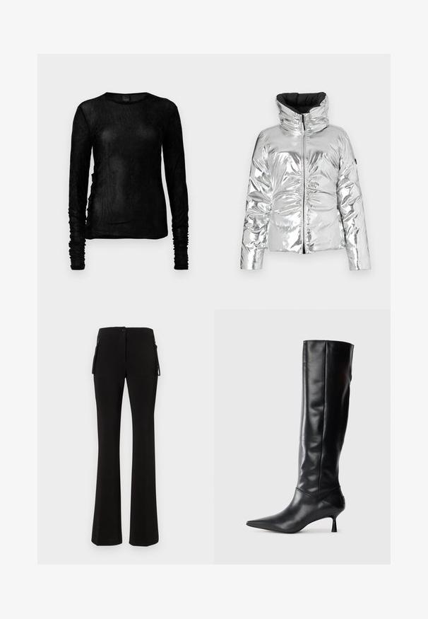 Hopeapintainen puffatakki, jossa on kiiltävä, heijastava pinta, korkea kaulus, vetoketjukiinnitys ja tikkikuvio. Musta sisustus antaa lisäyksen.; Musta pitkähihaine paita kevyestä, teksturoidusta kankaasta, jossa on rypytettyjä yksityiskohtia hihoissa ja saumoissa. Pyöreä pääntie.; Mustat leveälahkeiset housut, jotka on valmistettu sileästä ja joustavasta materiaalista. Hieno etupainike ja sivu- vetskari-taskut lisäävät käytännöllisyyttä.; Mustat nahkasaappaat polvipituisina, joissa on terävä kärki ja kapea kaareva korko. Suora pinta, tiukka muotoilu eikä näkyvää hardwarea tai kuvioita.
