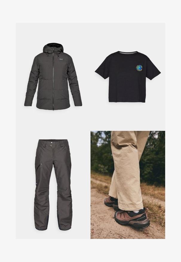Casaco de inverno preto, isolado, com capuz, zíper frontal e logótipo da Patagonia na área esquerda do peito.; T-shirt preto de algodão com mangas curtas, apresentando um logótipo circular multicolorido no peito. Barra reta e ajuste descontraído.; Calças isoladas cinza-escuras feitas de material impermeável com corte reto, apresentando dois bolsos frontais e um bolso com fecho éclair na lateral.; Salomon X ULTRA 360 LTR GORE TEX - Sapatos de caminhada - cognac/peppercorn/black